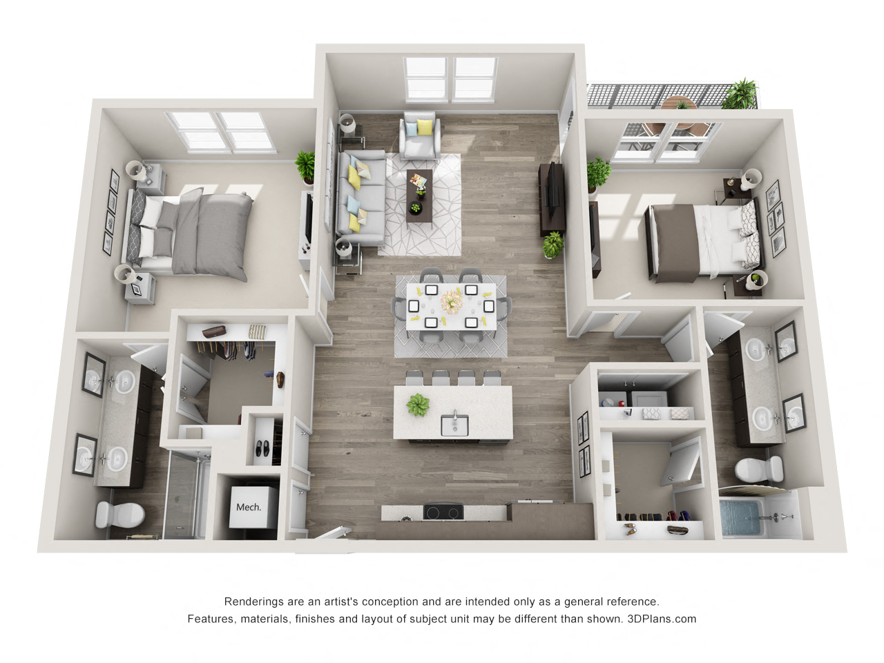 Floor plan for 2 beds, 2 baths, 1269 sqft